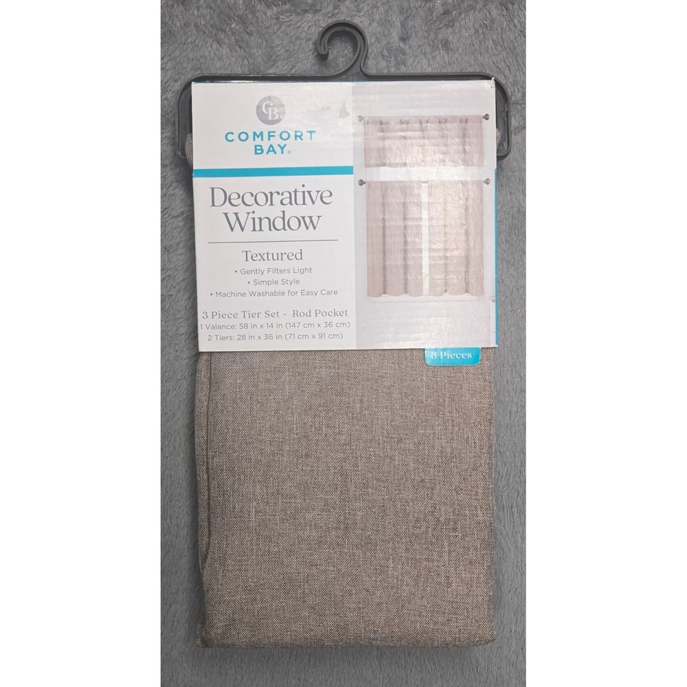Comfort Bay 3 Piece Window Tier Set Valance Tiers Tan Textured Rod Pocket New